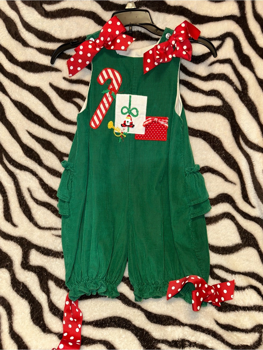 The Bailey Brothers Green Corduroy Holiday Candy Cane Appliqué Kids Romper